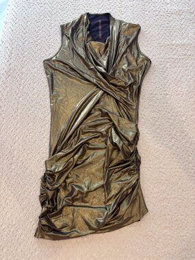 Rick Owens Lilies Gold Lamé Ruched Drape Dress